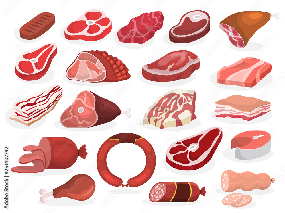 Meat set. Collection of beef and pork steak, ham Meat set. Collection of beef and pork steak, ham
