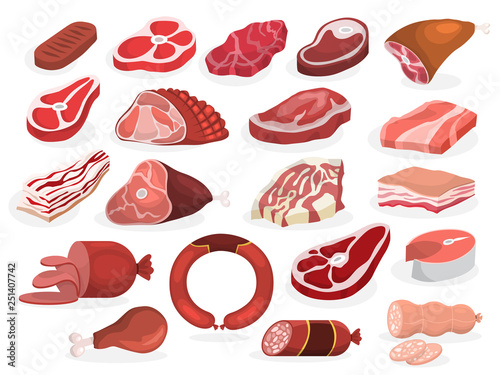 Meat set. Collection of beef and pork steak, ham
