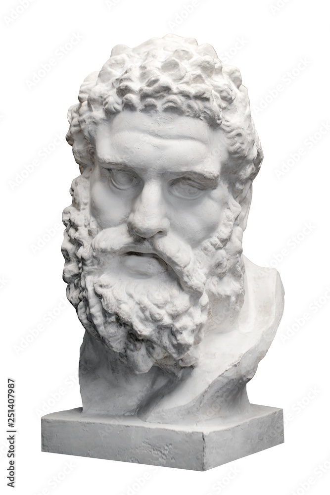 Bust of the Farnese Hercules. Heracles head sculpture, plaster copy of a marble statue isolated on white. Son of Zeus, the ancient Greek god. Ancient statue of hero Bust of the Farnese Hercules. Heracles head sculpture, plaster copy of a marble statue isolated on white. Son of Zeus, the ancient Greek god. Ancient statue of hero