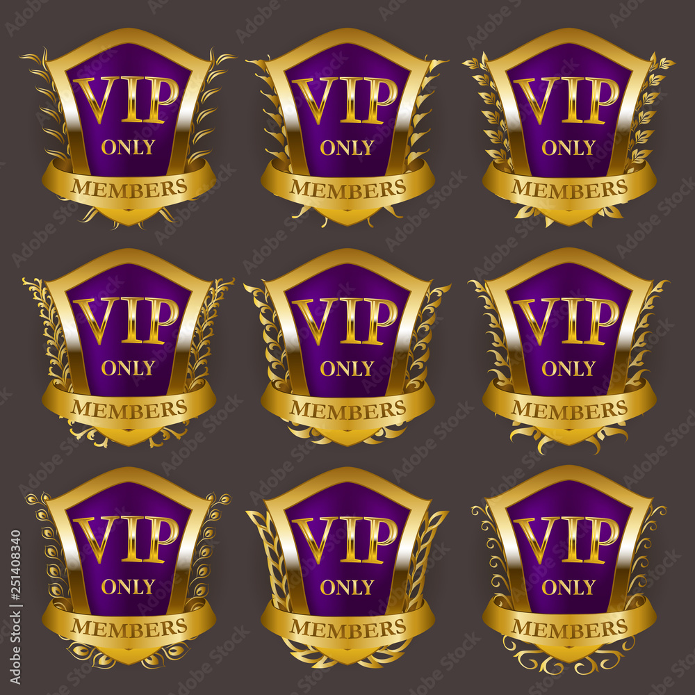 Set of gold vip monograms for graphic design on gray background.