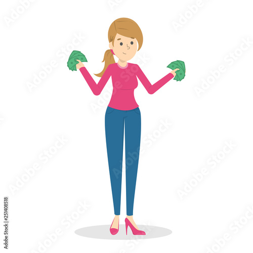 Woman with money. Happy successfull lady hoding money