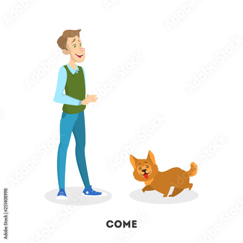 Man training his pet dog. Come command