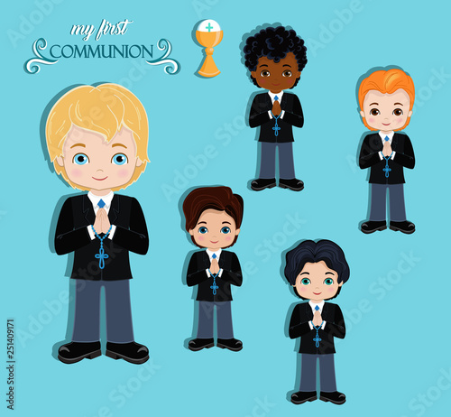 Set of design elements for First Communion for boys. Vector illustration for religious holidays.