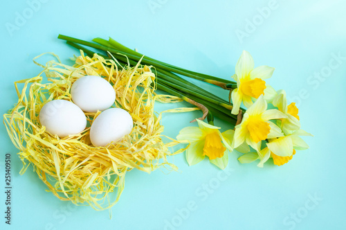Easter decor or Spring card, spring flowers and eggs in the nest
