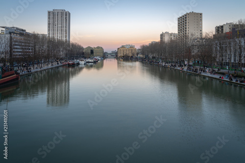 Paris, France - 02 23 2019: View of the Basinof The Vilette at sunset