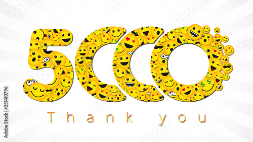 Thank you 5 000 followers logotype. Congratulating bright 5.000 networking thanks, net friends yellow symbol, 5000k sign with people faces. Isolated smiling numbers. Abstract graphic design template.