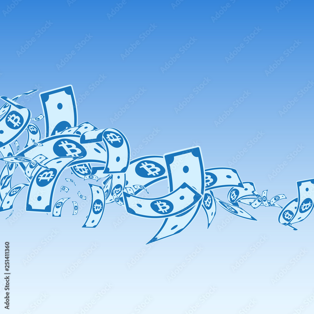 Obraz premium Bitcoin, internet currency notes falling. Messy BT