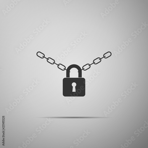 Metal chain and lock icon isolated on grey background. Padlock and steel chain. Flat design. Vector Illustration