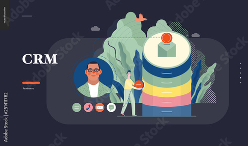 Technology 1 - CRM Customer Relationship Management - modern flat vector concept digital illustration of data collecting from user and providing result data. Creative landing web page design template