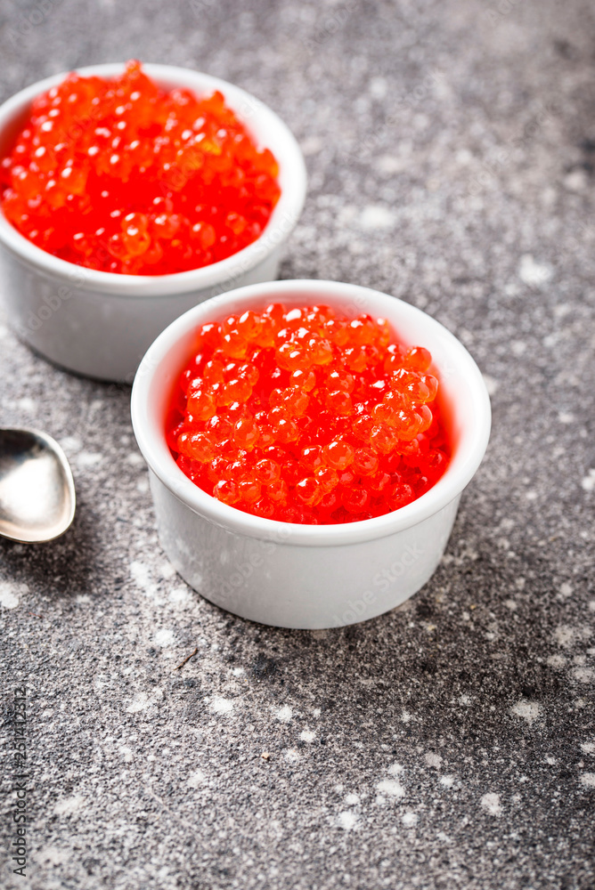 Two bowls with red salmon caviar Two bowls with red salmon caviar