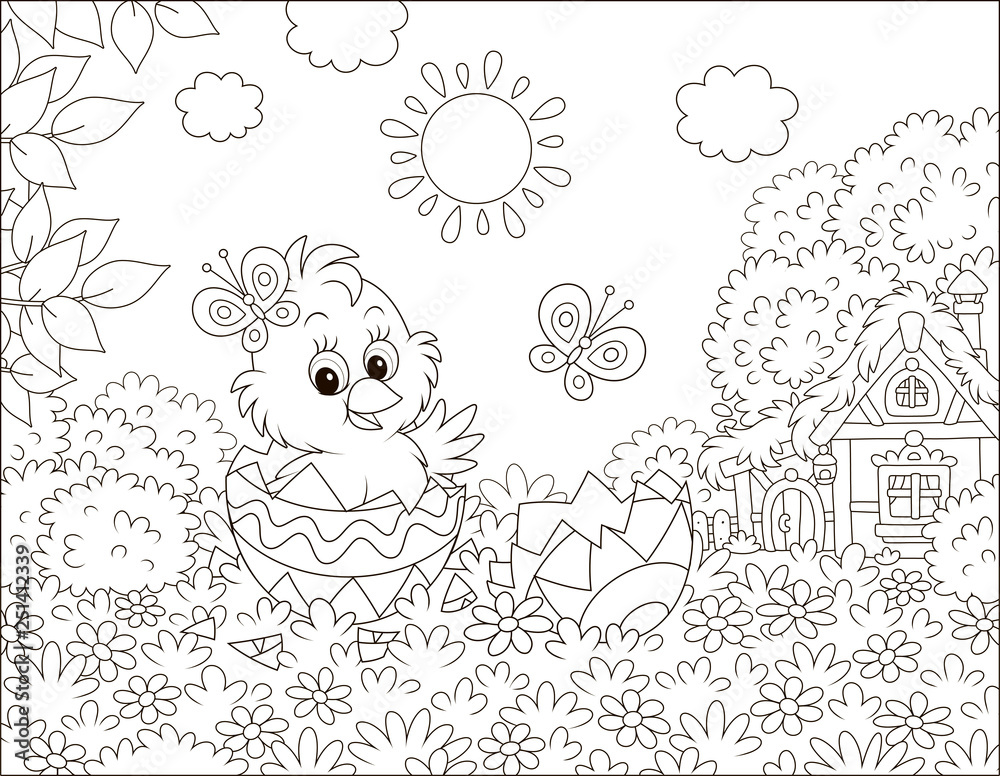 Fototapeta premium Little Chick peeking out of a decorated Easter egg on grass among flowers on a lawn near a small hut with thatched roof on a sunny spring day, black and white vector illustration in a cartoon style
