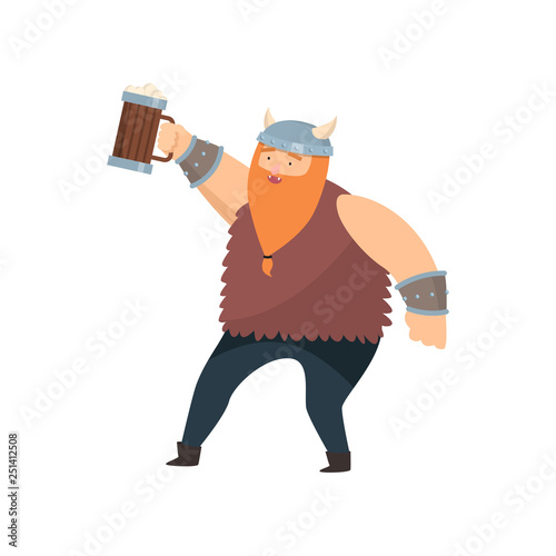 Funny red-bearded viking with wooden mug of beer in his hand over white background