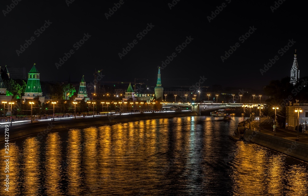 Night city of Moscow. River and the Kremlin