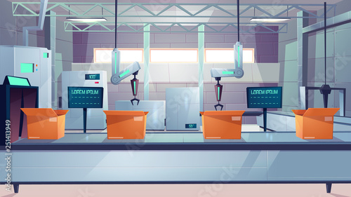 Modern factory or plant robotized production shop, delivery service packaging line room interior cartoon vector. Robotic hands packing production products in cardboard boxes on conveyor illustration