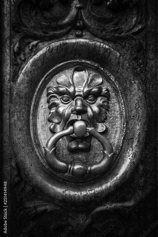 Old brass knocker in black and white Old brass knocker in black and white