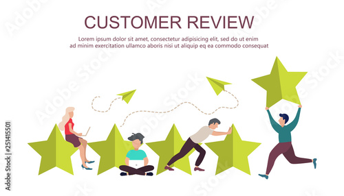 Concept of feedback, testimonials messages and notifications. Rating on customer service illustration. Five big stars with people sitting on them and giving reviews on their lap tops. Flat vector