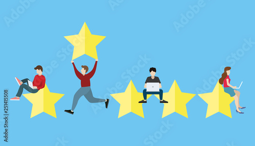 Concept of feedback, testimonials messages and notifications. Rating on customer service illustration. Five big stars with people sitting on them and giving reviews on their lap tops. Flat vector