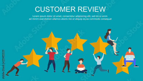Wallpaper Mural Concept of feedback, testimonials messages and notifications. Rating on customer service illustration. Five big stars with people sitting on them and giving reviews on their lap tops. Flat vector Torontodigital.ca