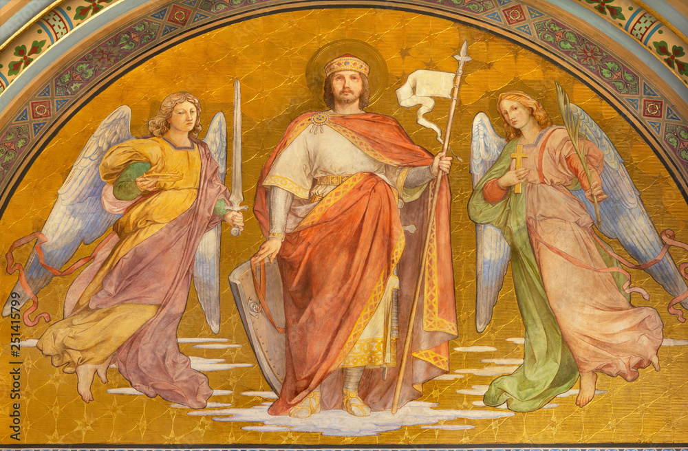 PRAGUE, CZECH REPUBLIC - OCTOBER 17, 2018: The fresco of king Saint Wenceslaus in church Svatého Cyrila Metodeje by František Sequens from end of 19. cent.