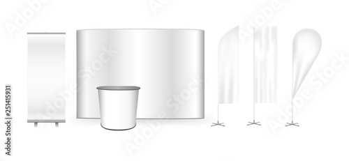 Vector exhibition promo set. – POS/POP. Flat pop up trade show stand display, portable promotion retail table or counter, roll up banner and feather advertising promo beach bow flags isolated on white