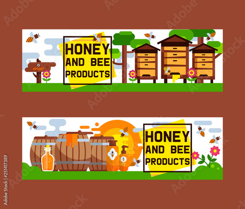 Honey sweet vector apiary farm beekeeping banner backdrop set honeymaker bee insect beeswax illustration background poster advertising photo