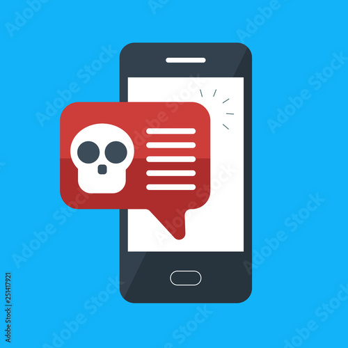 Malware notification on smartphone. Mobile phone with skull bones bubble speech red alert, concept of spam data, fraud internet error message, insecure connection,virus, online scam. Flat vector
