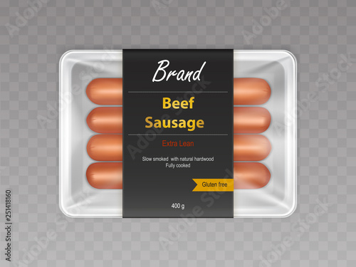 Cooked with slow smoking on natural hardwood beef sausages in sealed container 3d realistic vector isolated on transparent background. Food product with meat in branded packaging mockup illustration