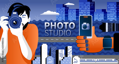 Happy photographer is taking a photo using slr camera. Flat vector illustration of young male character shooting using lens camera. Banner design for photo studio courses and ads.