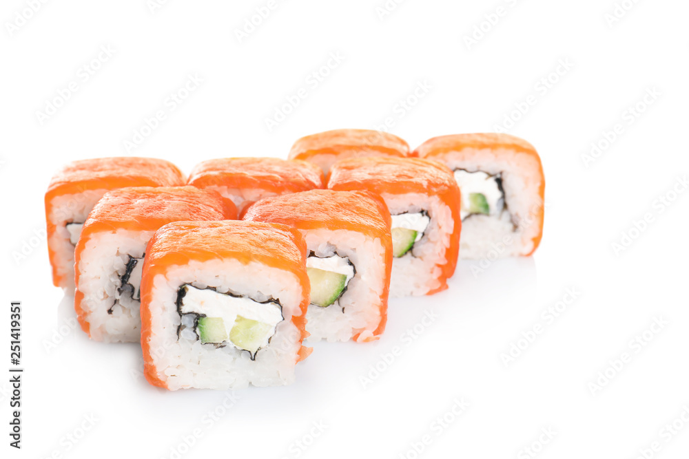 Tasty sushi rolls on white background. Food delivery service Tasty sushi rolls on white background. Food delivery service