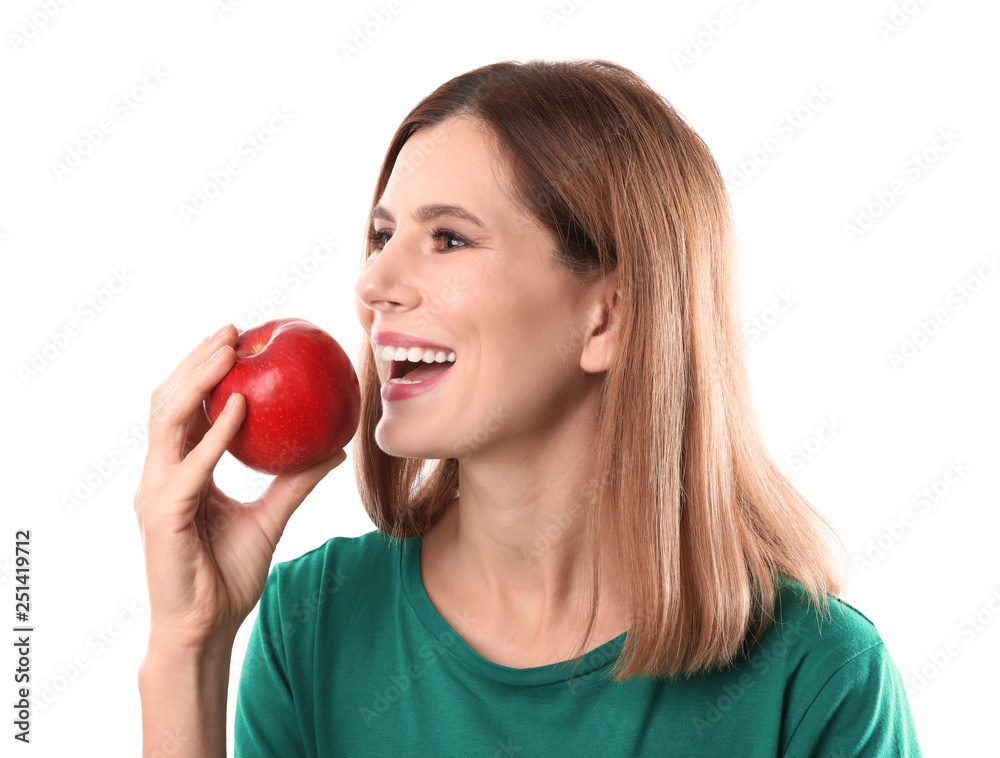 Smiling woman with perfect teeth and red apple on white background Smiling woman with perfect teeth and red apple on white background