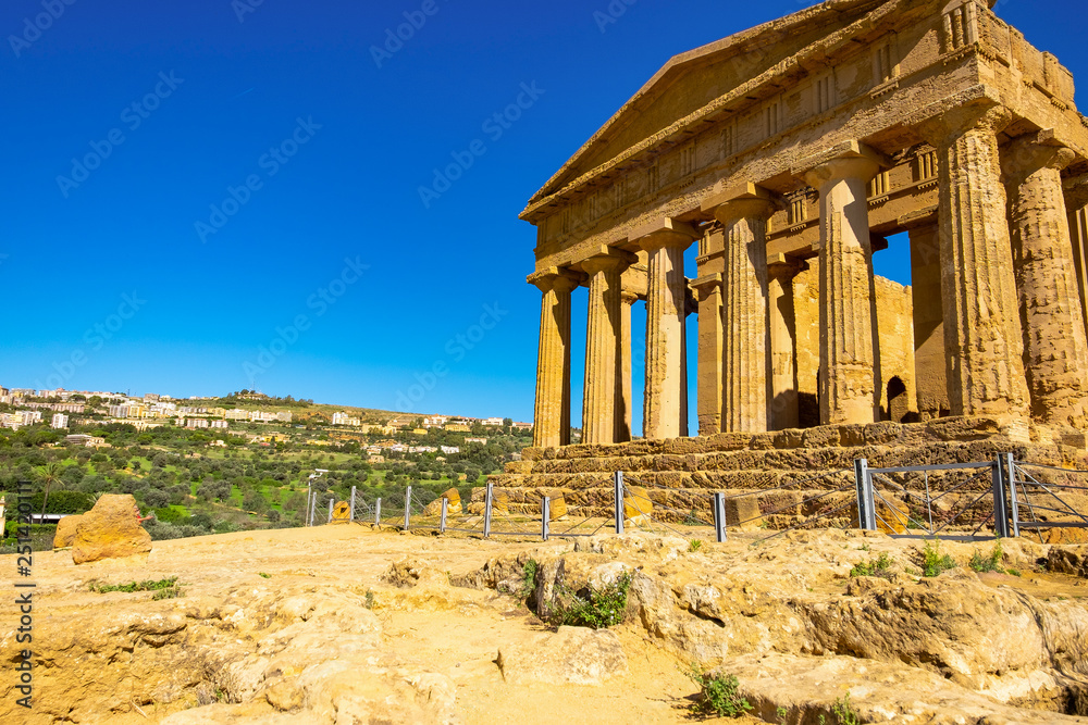 Ruined doric architecture of Greek Temple of Heracles or acropolis in ancient Valley of Temples, Agrigento