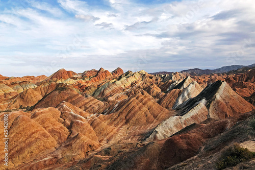 Panorama View of Rainbow Mountains Geological Park. Stripy Zhangye Danxia Landform.