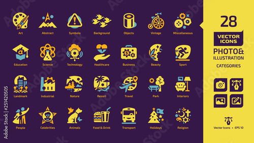 Vector category and theme yellow silhouette glyph icon for photo and illustration on a dark violet background with education, science, technology, healthcare, business, beauty and more class sign