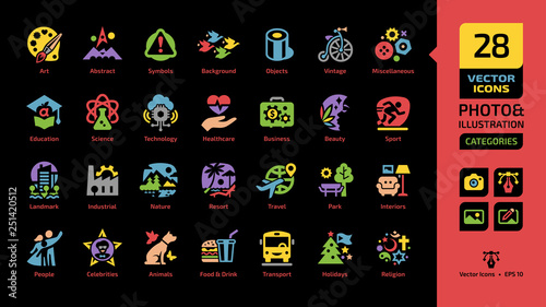 Vector category and theme color icon for photo and illustration on a black background with park, outdoor, interiors, people, celebrities, animals, wildlife, food, drink, transport sections symbols.