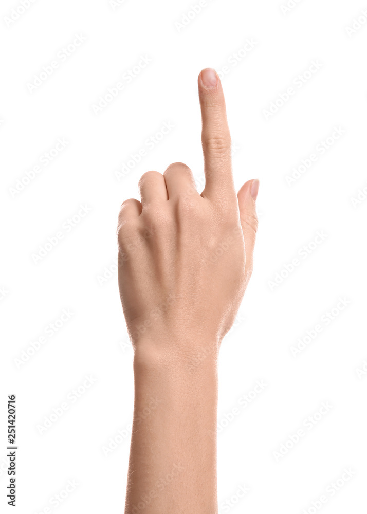 Woman pointing at something on white background, closeup of hand Woman pointing at something on white background, closeup of hand