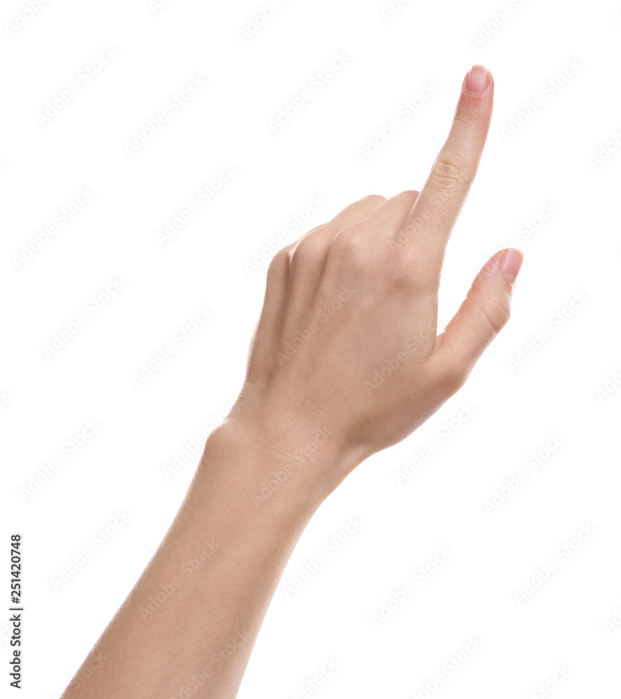 Woman pointing at something on white background, closeup of hand Woman pointing at something on white background, closeup of hand