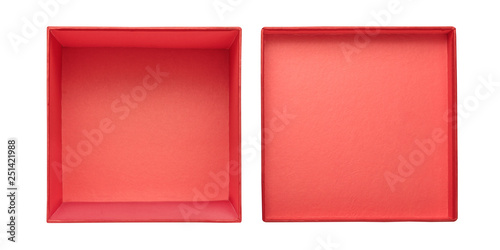 Flat lay of empty red gift box with lid isolated on white background. Square cardboard box with cover. Top view