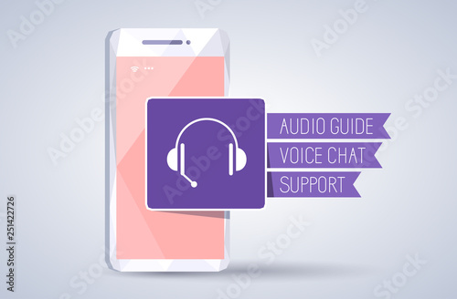 Audio guide, support, voice chat icon on smartphone on gray background. Online services and education on mobile phone. Support infographics concept