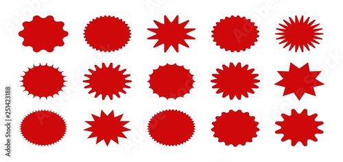 Starburst sale stickers. Vector red star price tag for sale promo marketing, discount sticker, ads offer, advertising campaign in retail. Promo sale sticker of sunburst icon special offer sale tag