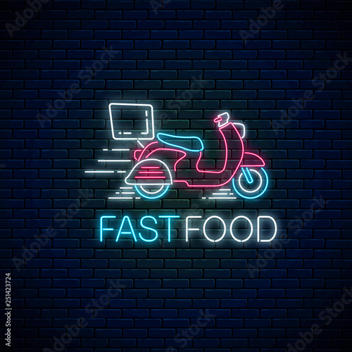 Glowing neon food fast delivery sign with delivering scooter. Fast delivery symbol in neon style.