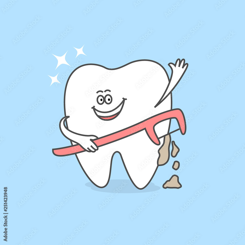 Cartoon tooth with a dental floss stick or a floss holder. Teeth care and  hygiene icon. Dental illustration. Stock Vector | Adobe Stock