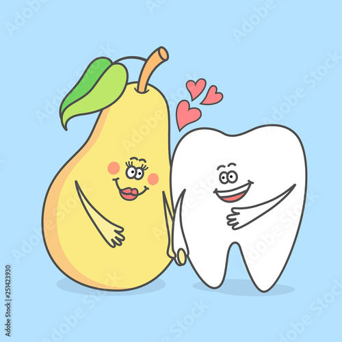 Cartoon tooth with a pear. Good habits for your teeth. Funny vector illustration. Dental care concept or icon.