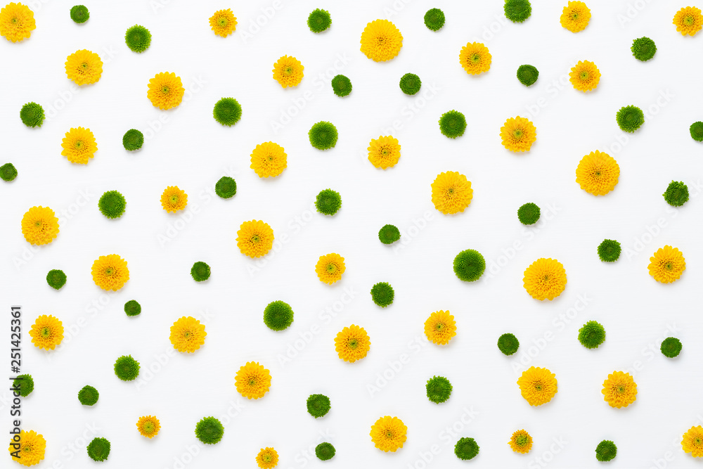 Flowers composition. Pattern made of yellow flowers on white background. Flat lay, top view. Flowers composition. Pattern made of yellow flowers on white background. Flat lay, top view.
