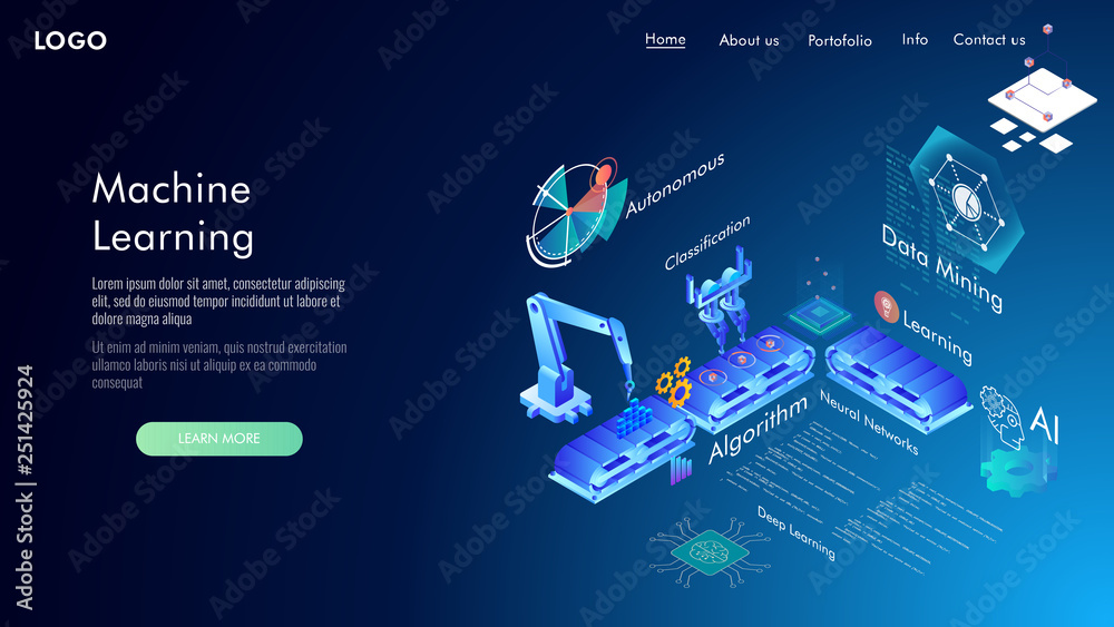 Obraz premium Machine learning, Ai, Data mining, algorithm, algorithm, neural network, deep learning and autonomous. isometric vector concept