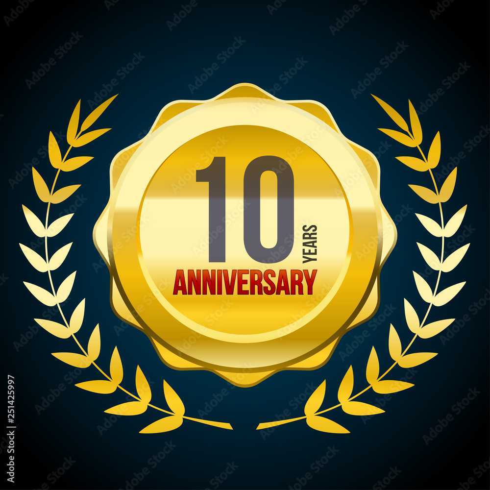Naklejka premium 10 Years anniversary Gold and Red badge logo. Vector illustration eps.10