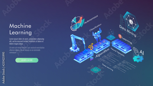 Machine learning, Ai, Data mining, algorithm, algorithm, neural network, deep learning and autonomous. isometric vector concept