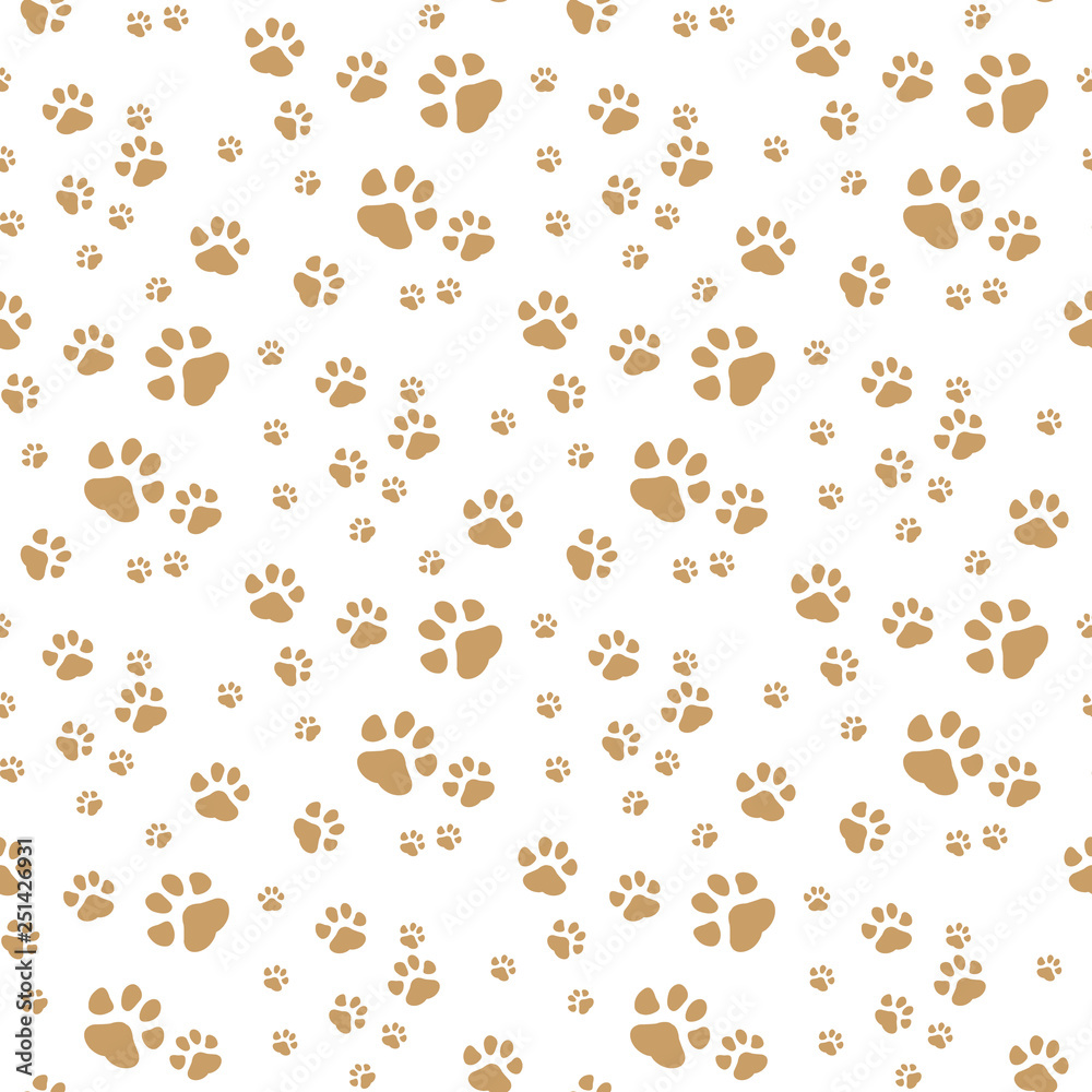 Seamless vector pattern with cartoon bones and paws on brown background. Seamless vector pattern with cartoon bones and paws on brown background.