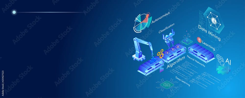 Machine learning, Ai, Data mining, algorithm, algorithm, neural network, deep learning and autonomous. isometric vector concept Machine learning, Ai, Data mining, algorithm, algorithm, neural network, deep learning and autonomous. isometric vector concept