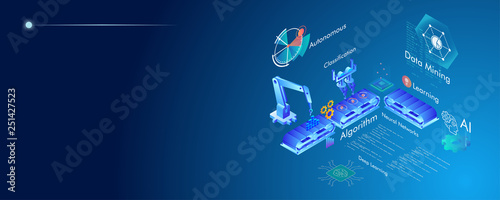 Machine learning, Ai, Data mining, algorithm, algorithm, neural network, deep learning and autonomous. isometric vector concept