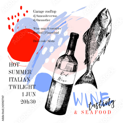 Wine tasting and seafood party poster. Vector hand drawn fish with red wine bottle. Italian sea fingerfood banner. Modern abstract background. Vintage restaurant menu, invitation, flyer design.